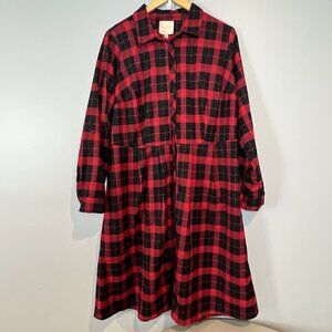 Modcloth Shirt Dress Women's Size 1X Red Black Buffalo Plaid Flannel Cotton